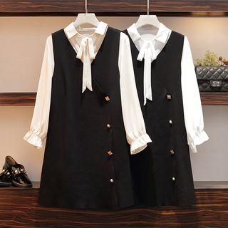 Set: Long-sleeve Blouse + Sleeveless Midi A-line Dress