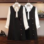 Set: Long-sleeve Blouse + Sleeveless Midi A-line Dress