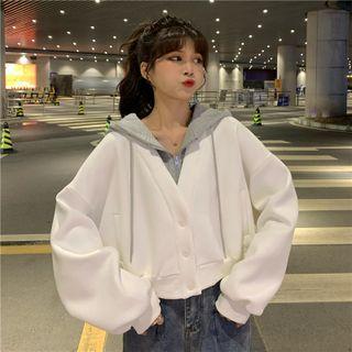 Mock Two-piece Two-tone Cropped Button-up Hoodie