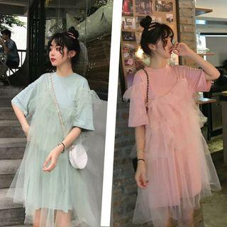 Set: Elbow-sleeve T-shirt Dress + Spaghetti Strap Mesh Dress