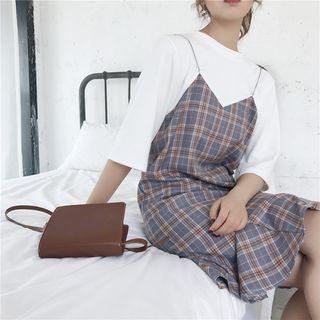 3/4-sleeve Mock Two Piece Plaid Dress