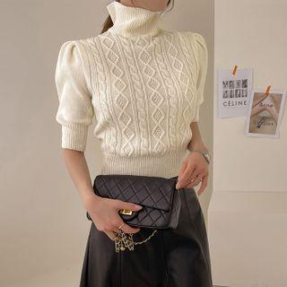Puff-sleeve Turtleneck Cable-knit Top