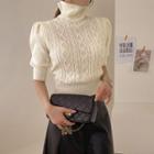 Puff-sleeve Turtleneck Cable-knit Top