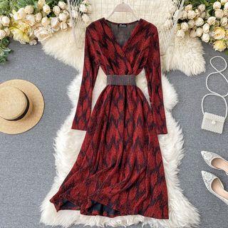 Long-sleeve Rhinestone Printed Midi A-line Dress