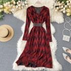 Long-sleeve Rhinestone Printed Midi A-line Dress