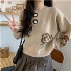 Lantern-sleeve Rose Print Loose-fit Sweater