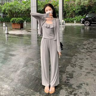 Light Jacket / Ruffle Camisole Top / Wide Leg Pants