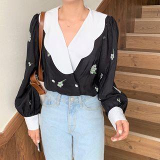 Long-sleeve Embroidered Blouse Black - One Size