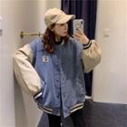 Denim Panel Applique Baseball Jacket As Shown In Figure - One Size
