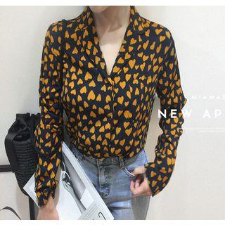 Long-sleeve Pocket-front Heart Pattern Blouse