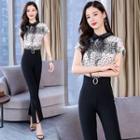 Set: Short-sleeve Chiffon Top + Boot-cut Pants