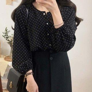 Long-sleeve Round Neck Dotted Loose Fit Blouse