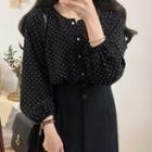 Long-sleeve Round Neck Dotted Loose Fit Blouse