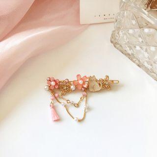 Cat Sakura Faux Pearl Hair Clip 1 Pc - White Cat - Pink - One Size
