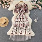 Short-sleeve Floral Mesh Panel Midi A-line Dress