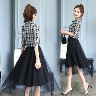 Set: Elbow-sleeve Shirt + Spaghetti Strap Overlay Midi Dress
