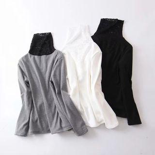Turtleneck Long-sleeve Lace Panel Top