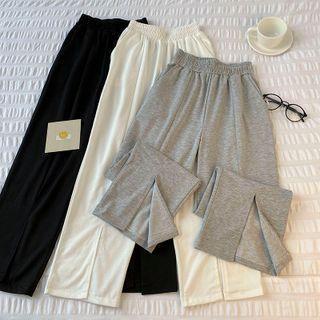 Plain High-waist Wide Leg Cropped Pants