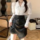 Puff-sleeve Lace Blouse / Faux Leather Shirred A-line Skirt