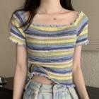 Short-sleeve Wood Ear Trim Square-neck Striped Knit Top