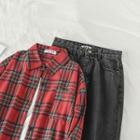 Plaid Long-sleeve Loose-fit Shirt / Straight-leg Jeans
