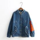 Embroidered Distressed Buttoned Denim Jacket
