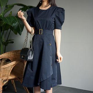 Puff-sleeve Wrap-hem Dress With Belt