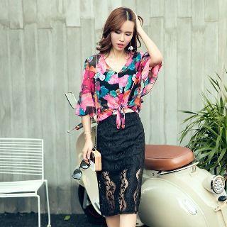 Set: Printed Top + Lace Skirt