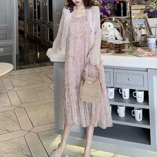Cold-shoulder Floral Print Midi A-line Dress / Ruffled Cropped Jacket