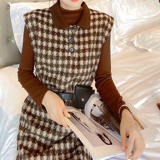 Set: Long-sleeve Mock-neck T-shirt + Houndstooth Mini Pinafore Dress