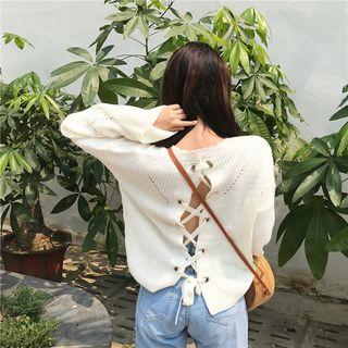 Plain Loose-fit Cutout Lace-up Sweater