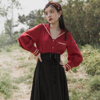 Set: Puff-sleeve Blouse + Midi Overall Skirt