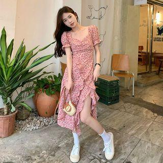 Short-sleeve Floral Slit Mid A-line Dress