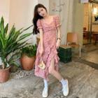 Short-sleeve Floral Slit Mid A-line Dress