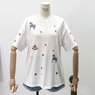 Loose-fit Embroidered T-shirt White - One Size
