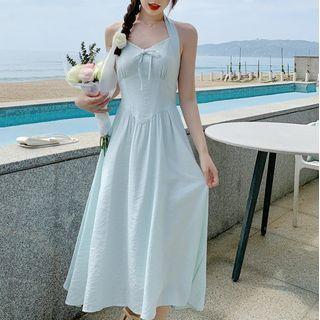 Halter-neck Bow Midi A-line Dress