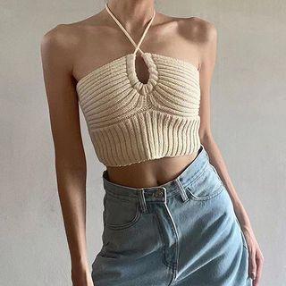 Sleeveless Halter-neck Knit Crop Top
