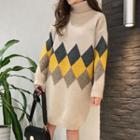 Lantern-sleeve Midi Argyle Sweater Dress