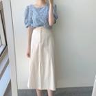 Puff-sleeve Floral Button Blouse / High-waist Plain A-line Draped Long Skirt