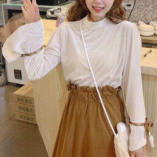 Long-sleeve Mock-neck Sheer Panel Top