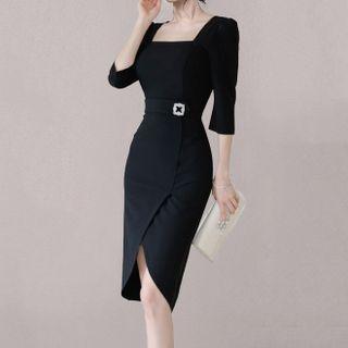 Elbow-sleeve Square-neck Sheath Dress With Brooch