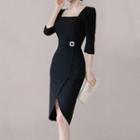 Elbow-sleeve Square-neck Sheath Dress With Brooch