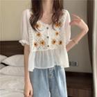 V Neck Cut Out Embroidered Short Sleeve Shirt