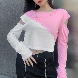 Long-sleeve Cutout Color Block Crop Top