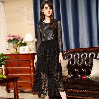 Long-sleeve Faux Leather Panel Midi Dress