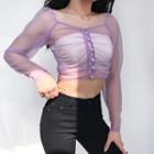 Long-sleeve Faux Pearl Button Mesh Cropped Blouse