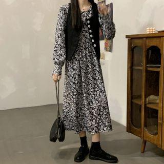 Long-sleeve Floral Print Midi A-line Dress / Vest