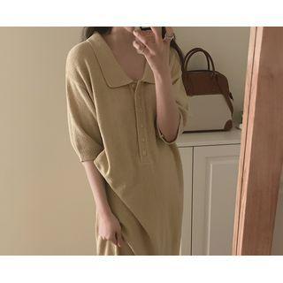 Elbow-sleeve Long Knit Polo Dress