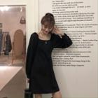 Long-sleeve Square-neck A-line Mini Dress Black - One Size