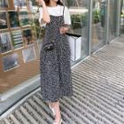 Set: Short-sleeve Plain T-shirt + Spaghetti-strap Leopard Bow Dress